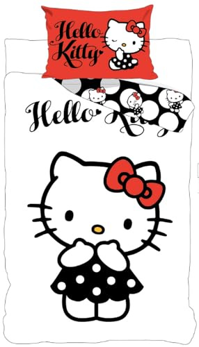 Hello Kitty babysängkläder 100 % bomull - påslakan 100 x 135 cm och örngott 40 x 60 cm - svart, vit och röd prickar vändbar design - officiell licens