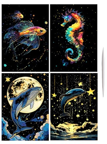 Carta da grattare - 4x Tavole da grattare glitterate fatte a mano | Fogli A4 per disegni da colorare | Carte per bambini Adolescenti Adulti | Forniture d'arte fai-da-te per animali paesaggist