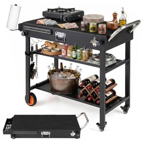 KOMFOTTEU Carrito de Barbacoa Plegable con Ruedas, Mesa de Parrilla de 3 Niveles con Mantel Resistente al Calor, Estantes Abiertos y Ganchos, Carro de Servicio Portátil para Horno de Pizza, Jardín