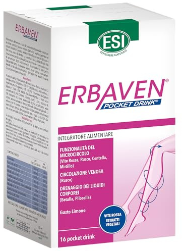 ESI - Erbaven, Integratore Alimentare a Base di Vite Rossa, Centella Asiatica e Betulla, Favorisce il Microcircolo e il Drenaggio dei Liquidi, Gusto Limone, Senza Glutine e Vegano, 16 Pocket Drink