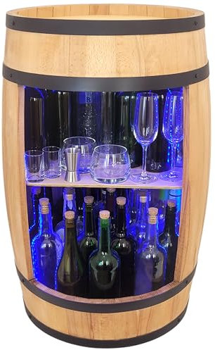 weeco Holzfass bar mit LED RGB Beleuchtung.Weinregal Design Hausbar 80x50cm, Weinschrank aus Holz.Whisky und Bier Geschenke für männer Schrank Mini Bar Regal. Möbel im rustikalen Stil Eichenfarbe
