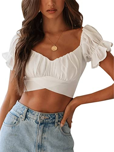 LYANER Women's Cute Ruffle Puff Short Sleeve Tie Back Crop Top Off The Shoulder Cropped Blouse White Medium