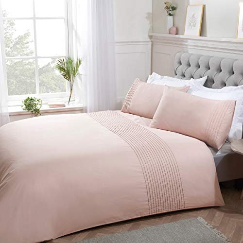 Sleepdown Pintuck Pleated Striped Panel Blush Pink Luxury Easy Care Soft Cosy Duvet Cover Quilt Bedding Set with Pillowcases - Double (200cm x 200cm)