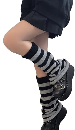 WODECASA Scaldamuscoli da ragazza Kawaii lavorati a maglia svasata maniche goth uncinetto polsino largo caviglia Heap calzini, Striscia: Nero+grigio, taglia unica