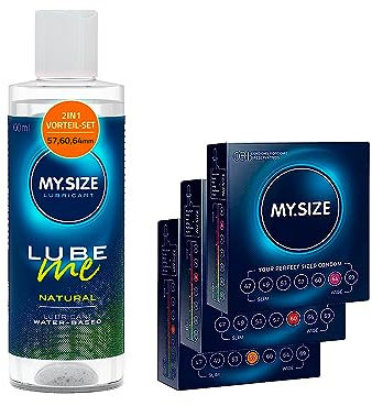 MY.SIZE Kondom + Gleitgel Set mit 100 ml Lube Me Natural & 3x3 Kondome 57, 60, 64 mm breit I Wasserbasiertes Gleitmittel I Lubricant Gel für Toys & Latexkondome geeignet I water based