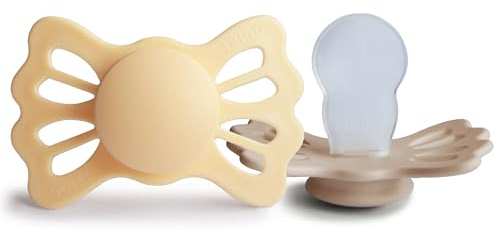 FRIGG Lucky Silikon Schnuller | Symmetrischer Schnuller 2er Pack | BPA-frei | Hergestellt in Dänemark | Pale Daffodil/Silky Satin - Größe 2 (6-18 Monate)