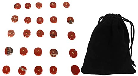 UPQRSG 25 Pezzi Set di Pietre Rune Naturali, Set di Cristalli Magici con Alfabeto Anziano Lucido Inciso, Squisite Rune Che Intagliano Pietre di Meditazione per Meditazione(Pietra Rossa)