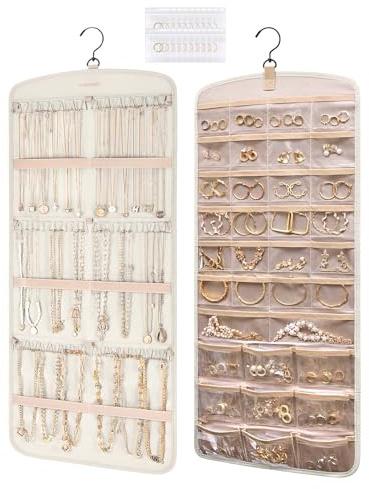 BAGSMART Hanging Jewelry Organizer, Necklace Holder Anti-tangle Earrings Rings Hanger with Pockets Hang on Closet, Wall, Door,1 Piece, Large Beige