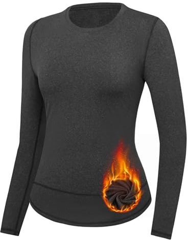 Gyabnw Maglia Termica Donna Manica Lunga Sport Manica Lunga Strato Base Donna Girocollo Intimo Top da Allenamento per Corsa Grigio Scuro,M