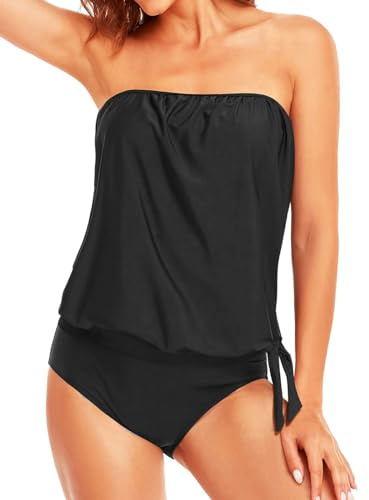 Yutdeng Tankini Traje de Baño para Mujer Dos Piezas Push Up Conjunto de Bañador Bandeau Relleno Top Tirantes Ajustables Desmontables Tankinis Vientre Plano Trajes de Baño 2 Piezas Braga Swimwear Playa