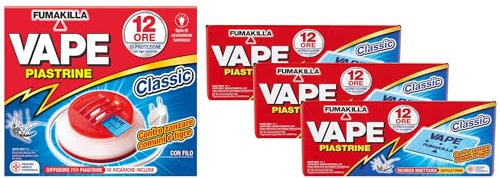 Elettroemanatore Filo Classic con 10 Piastrine Incluse, Protegge dalle Zanzare Comuni e Tigre, 12 Ore di Protezione + 3xRicarica, Piastrine Classiche, (Confezione Da 30 Piastrine)