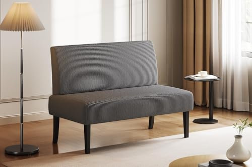 Yaheetech Fabric Small Sofa with Mid-Height Back, 2 Seater Clean-Lined Loveseat Couch with Solid Wood Legs, Versatile Modern Seating for Restaurant, Cafe, Living Room, Dining/Shoe Bench, Grey