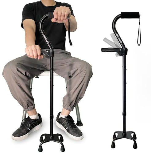 Quad Walking Cane Adjustable Stick Men & Women and Seniors - Lightweight & Sturdy with 4-Pronged Base for Extra Stability Balance,Self Standing Foam Padded Offset Handle for Soft Grip (black)