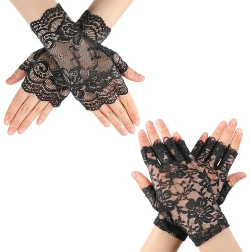 oruola 2 Paires de Gants Courts en Dentelle, Gants sans Doigts en Dentelle pour Femme, Gant Élégants Dentellen pour Femme Mariage, Fête, Opéra, Thé, Halloween Accessoires