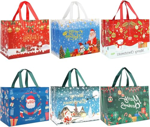 Bolsas de Navidad para Regalo, 18Bolsas de Navidad con asas, reutilizables, no tejidas, Bolsas de Compras, Decoraciones de fiesta, 32,5 x 25 x 17 cm