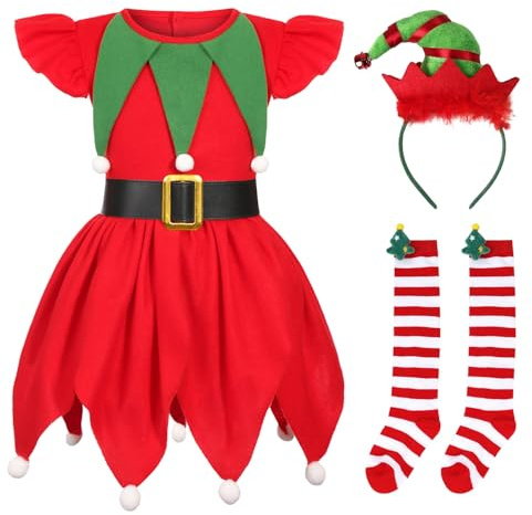 TAGVO Costume da Elfo Natalizio per Bambini, Abito Natalizio Elegante con Cerchietto Natalizio Calzini, Set di Abiti da Festa Natalizi per Bambine Dai 3-11 Anni