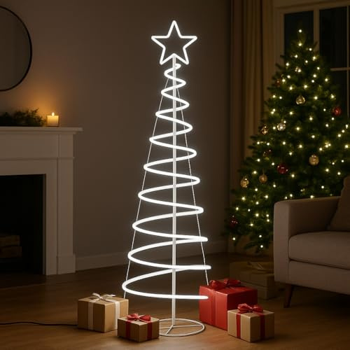 Albero di Natale a Spirale 180 cm con 1200 LED Bianco Freddo Super Bright e Puntale a Stella, da Esterno e Interno con Tubo Bianco, Design Moderno, Decorazione Giardino, Balcone o Salotto