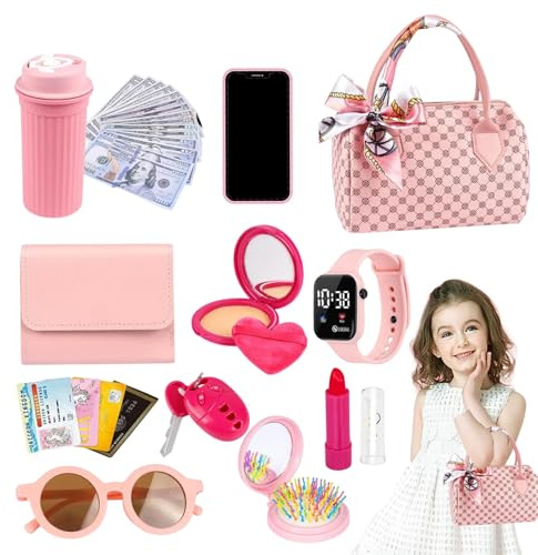 Play Purse for Little Girls, Toddler Purse With Pretend Makeup, Play Handbag Set, Girls Princess Dress Up Role Playing Toy Purses With Handbag, Phone, Wristwatch,Silk Scarf for Kids Ages 3-6