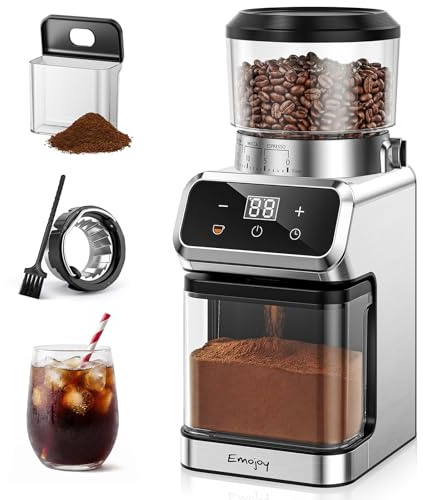 Burr Coffee Grinder Electric, 30 Grinding Settings Emojoy Coffee Bean Grinder, Burr Coffee Grinder for Home Use, Touchscreen and LED Control Panel, Stainless Steel, Conical Burr Grinder
