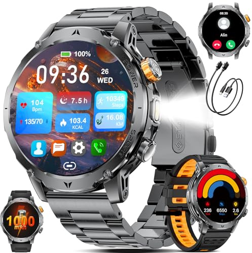 SUNKTA Orologio intelligente da uomo Militare 1000 mAh grande batteria 1,7 HD Bluetooth chiamate per iOS Android Smartwatch Sportive fitness,Monitoraggio della salute,sonno,3 braccialetti,grigio-nero
