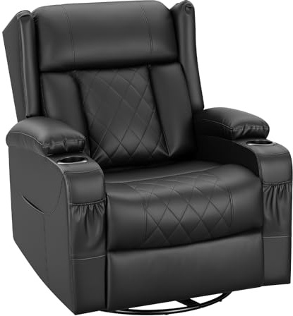 WOLTU Sillón Relax Reclinable, Giratorio 360°, PU, Negro | Sofa Individual Función Balanceo y Respaldo Ajustable, con Reposapiés, Bolsas Laterales y Portavasos, Carga 150 kg