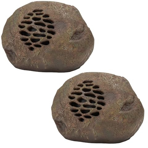 Alpine Corporation 9 Tall Solar Bluetooth Rock Speaker, Weather-Resistant High Fidelity Outdoor Audio System with 50 Foot Range, Brown - Set of 2