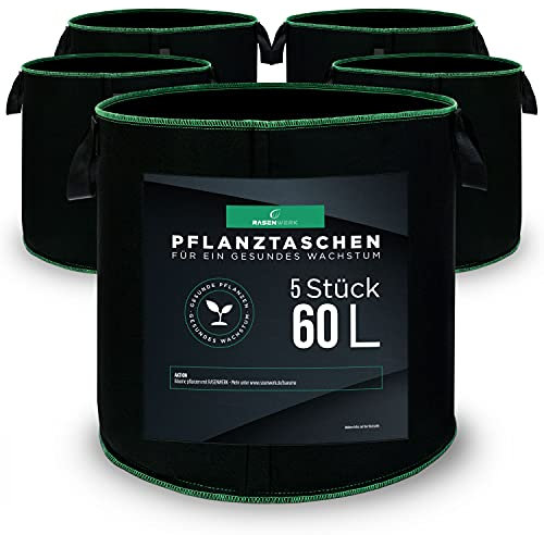 RASENWERK® - Sac à Plantes de 60 litres en Non-tissé - Sac à Plantes pour Jardin, Serre & Balcon - Sac à Plantes pour Fleurs, tomates et Plantes - Alternative idéale au Pot de Fleurs - 5 pièces