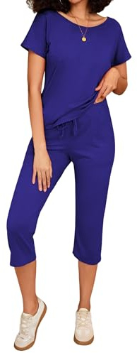 Totatuit Sportivo Donna Completo Tute da Ginnastica da Donna Due Pezzi Estiva T-Shirt & 3/4 Pantaloni Casual Casa Pigiama Set Jogging Training Zaffiro XL