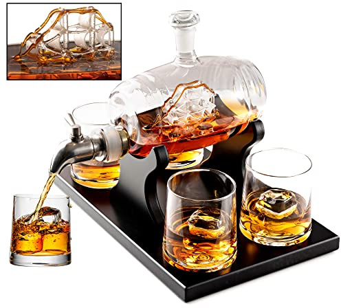 Bezrat Whiskey Decanter Barrel Set - 1000ml Liquor Dispenser - 4 Glasses - Ship in a Bottle Bar Gifts