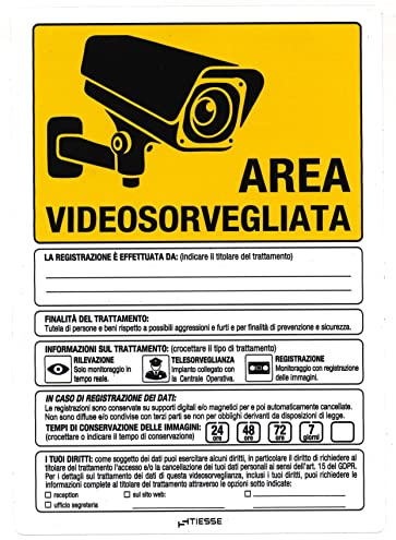 TIESSE - adesivo AREA VIDEOSORVEGLIATA - conforme GDPR 2016/679, EDPB 3/2019 gennaio 2020, D.Lgs. 101/2018 - Vinile adesivo ad alte prestazioni - Dimensione: 148x210 mm - MADE IN ITALY