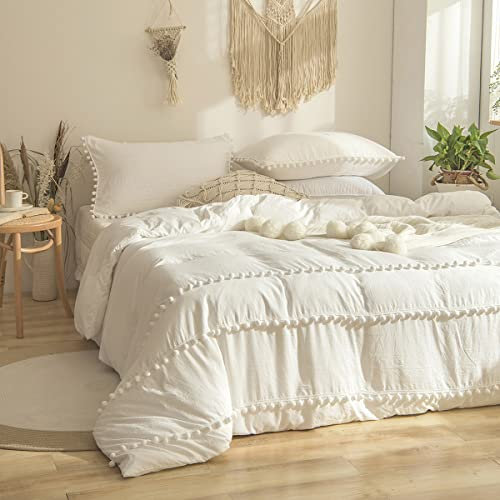 Freyamy Böhmen Bettwäsche 155x220cm 2teilig Weiß Pom Pom Boho Chic Bettwäsche Gewaschene Microfaser Bettwaren-Sets Weiche Quaste Bettbezug mit Reißverschluss und 1 Kissenbezug 80x80cm