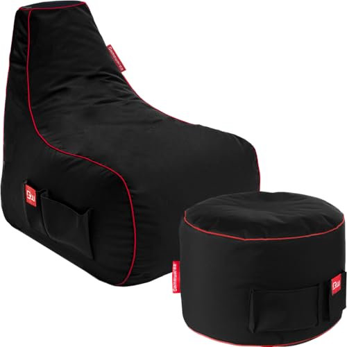 Gamewarez Crimson Warrior Sitzsack Bundle – Gaming-Sitzsack mit passenden Hocker im Set, ideal für PS4 / PS5, Nintendo Switch und Xbox Spieler, Made in Germany, schwarz-rot