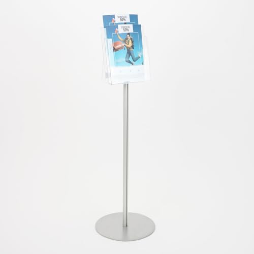 Danieli - Porta Depliant da Terra in Acrilico Trasparente A4 con 2 tasche, per Riviste e Brochure. Porta Volantini Resistente da Utilizzare come Espositore per Ufficio e Negozi. (Alluminio Silver)
