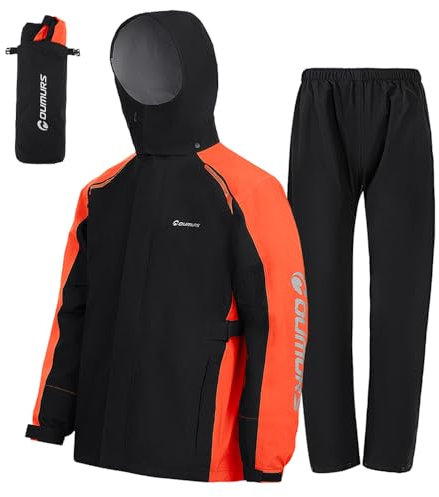 Oumurs Traje de lluvia para motocicleta para mujer y hombre, impermeable, para pesca, equitación, golf, trabajo, bicicleta, caza, camping, chubasquero, ligero, nailon, reflectante, negro/naranja