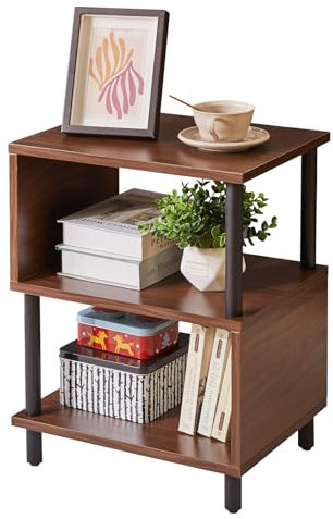 Aibiju Beistelltisch, Nachttisch mit 3 Ablagen, offenes Fach, Couchtisch, für Schlafzimmer, Wohnzimmer, Enger Raum, Braune+Schwarze Beine, YD-TM152LW