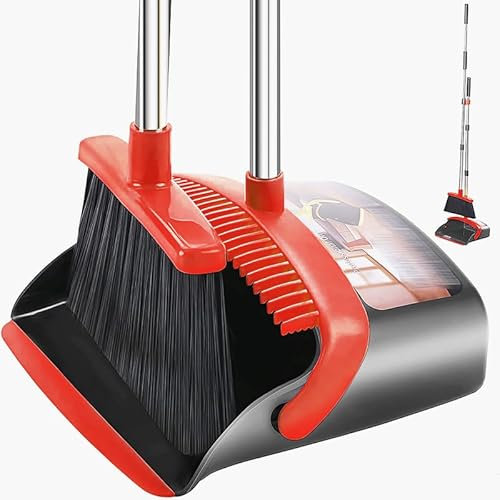 2-Pack is More economical,Brooms with Dustpan Combo Set， with 52 Long Handle, Dustpan Teeth with self-Cleaning Function, Indoor and Outdoor Sweeping, Perfect for Home Office (Large/Red /2-Pack)