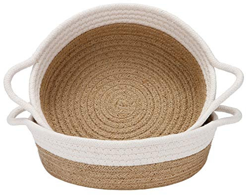 Sea Team 2-Pack Cotton Rope Baskets, 10 x 3 Inches Small Woven Storage Basket, Fabric Tray, Bowl, Round Open Dish for Fruits, Jewelry, Keys, Sewing Kits (Flaxen & White)