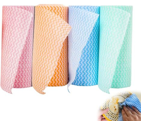 Urganvem Panni per la Pulizia, 4 Rotoli Rotolo di Panno in Microfibra, 25 x 19,5cm Panni per la Pulizia Strappabili per Piatto Asciugandosi Stracci Bagno Cucina (4 Colori)