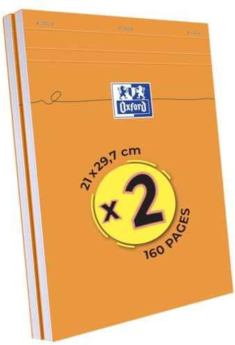 Oxford Lot de 2 Blocs-Notes Orange A4 Petits Carreaux 5mm 80 Feuilles Agrafées Couverture Carte Enduite Orange