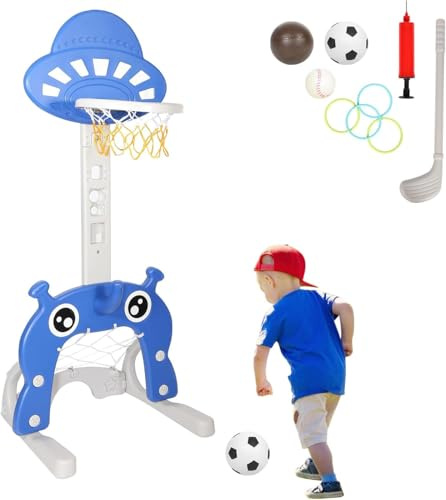 Jaxguom Juego de canasta de baloncesto 4 en 1 para niños, canasta de baloncesto para interiores, soporte de baloncesto de altura ajustable, portería de fútbol y juego de lanzamiento para niños