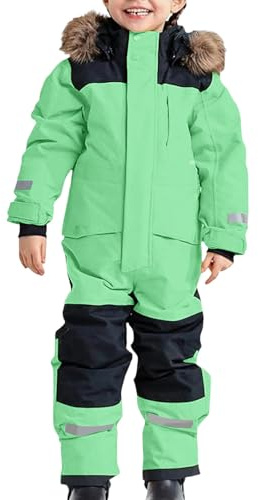 Mono de Nieve para Niños, Traje de Esquí Cálido de Una Pieza para Niños y Niñas, Traje de Nieve Impermeable para Invierno, Cálido, Transpirable, con Capucha, con Cremallera, 2-15 (Green, 14-15 Years)