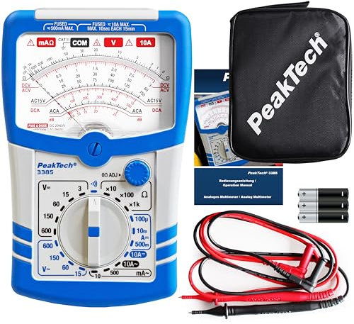 PeakTech P 3385 Analog Multimeter – Messgerät mit Voltmeter, Amperemeter, Durchgangsprüfer, Ohm Meter – Bis 600V AC DC 10A – geeignet für 230V Elektroinstallation – Multimeter Analog