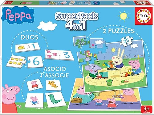 Educa - SuperPack Peppa Pig 4 en 1 | Coffret Multi-Jeux Enfants : 2 Puzzles 25 pièces, Jeu Emboîtables, Jeu Association | Licence Peppa Pig | Dès 3 Ans (16229)
