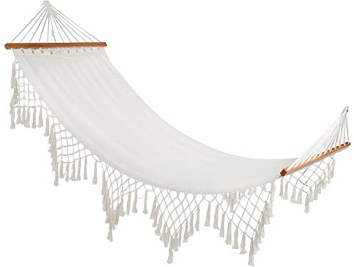 BUTLERS Hängematte mit Holzstäben | 120 kg Belastung (L 200 x B 100 cm) -Show ME Heaven- Hängeliege mit Troddeln aus cremefarbener Baumwolle| Indoor & Outdoor