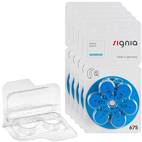 30 x Signia storlek 675 hörapparatbatterier, 5 x 6 blister PR44 blå 24600 EWANTO förvaringslåda för 2 batterier (10, 13, 312, 675), transparent batterilåda för knappceller < Ø 12 mm x H 6 mm
