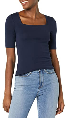 Amazon Essentials Women's Slim-Fit Half Sleeve Square Neck T-Shirt, Navy, L