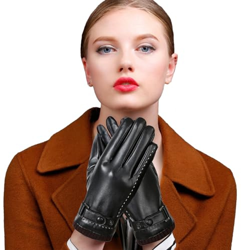 flintronic Guantes de Cuero con Pantalla Táctil para Mujer, Guantes Suaves Negros Cálidos de Invierno, Guantes de Ciclismo con Forro de Vellón Polar/S