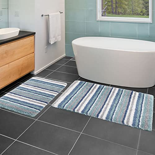 Carvapet rutschfest Badezimmerteppich Set 2 Teilig Badematte Wasserabsorbierend Badvorleger für Badezimmer Weiche Plüsch Gestreifte Mikrofaser Badteppich Duschvorleger(Blau,43x61cm+51x81cm)