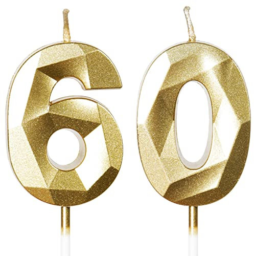 60th Birthday Candles, Number 60 Candle, Gold Candle, Birthday Candle for Cake, Happy Birthday Candle, Cake Candles Cake Topper Decorations for Birthday Party Wedding Anniversary Celebration Supplies