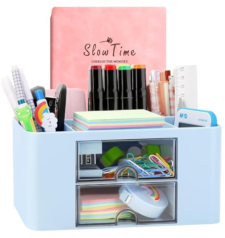 Kreativer & einfacher Schreibtisch Organisator, 6 kariert, Kunststoff Tisch Organisator mit Schublade, multifunktionaler Schreibtisch-Organisator, Stifthalter für Schule, Büro, Zuhause (Blau)
